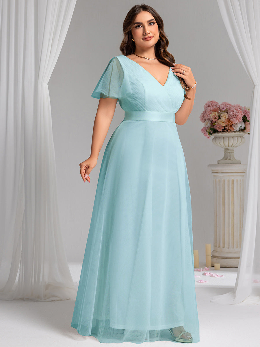 Robe mariage invitée à manches courtes et à double col V pour femmes #Couleur_Bleu Ciel