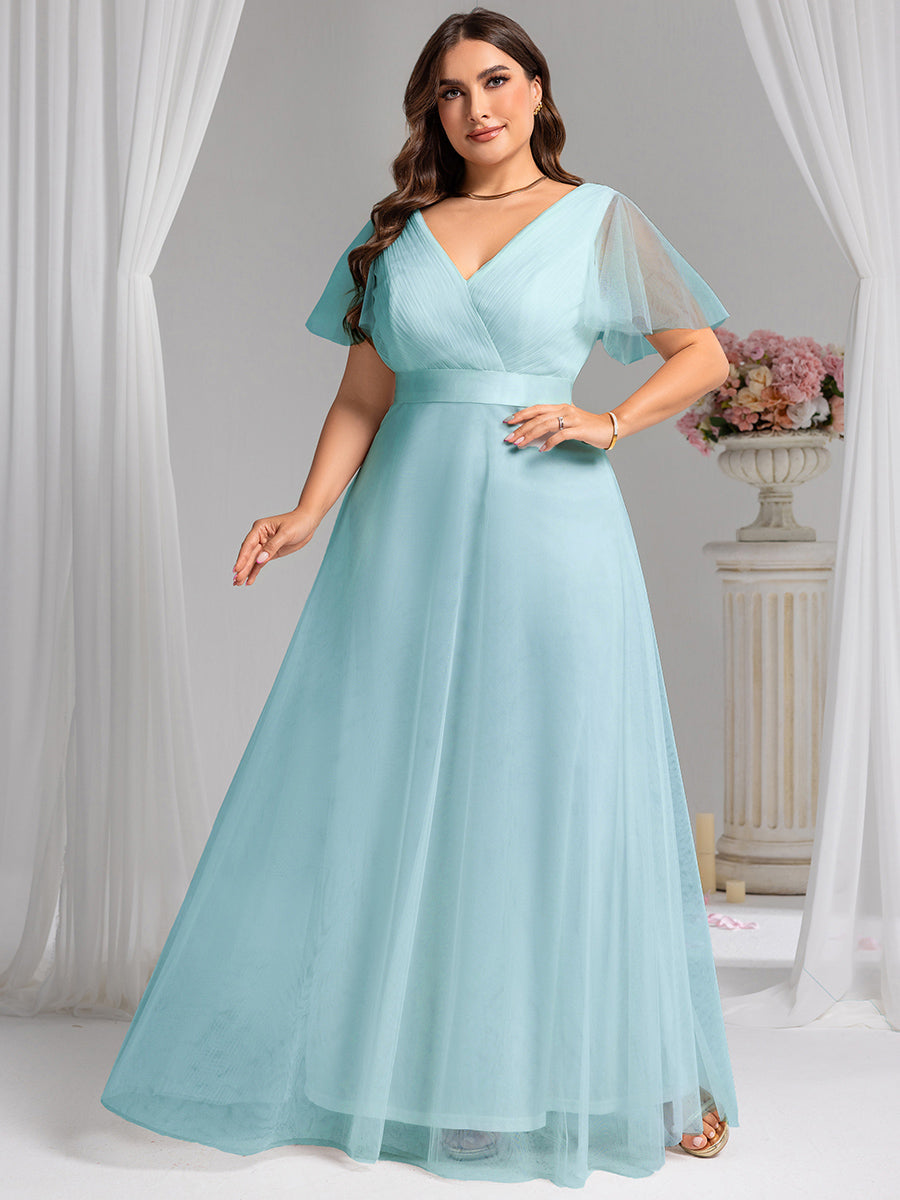 Robe mariage invitée à manches courtes et à double col V pour femmes #Couleur_Bleu Ciel