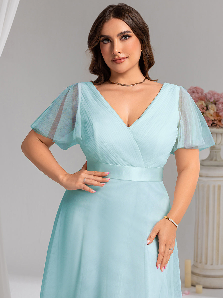 Robe de Soirée à manches courtes et à double col V pour femmes #Couleur_Bleu Ciel