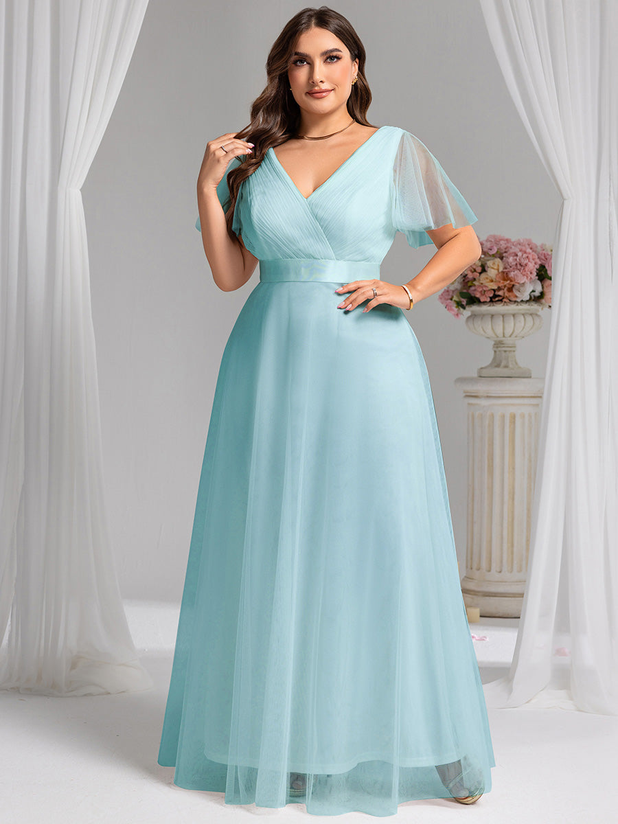 Robe mariage invitée à manches courtes et à double col V pour femmes #Couleur_Bleu Ciel