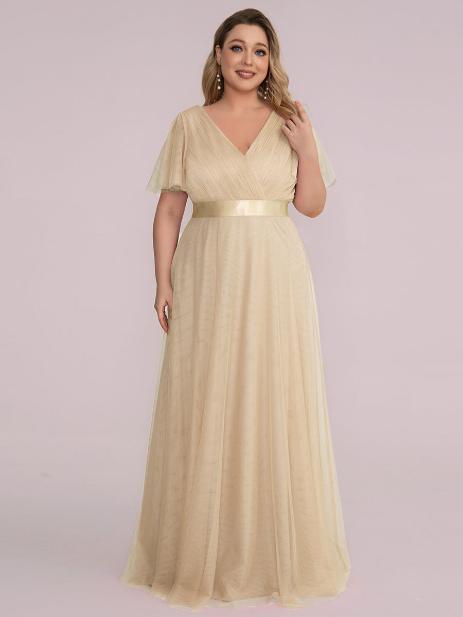 Robe mariage invitée à manches courtes et à double col V pour femmes #Couleur_Champagner
