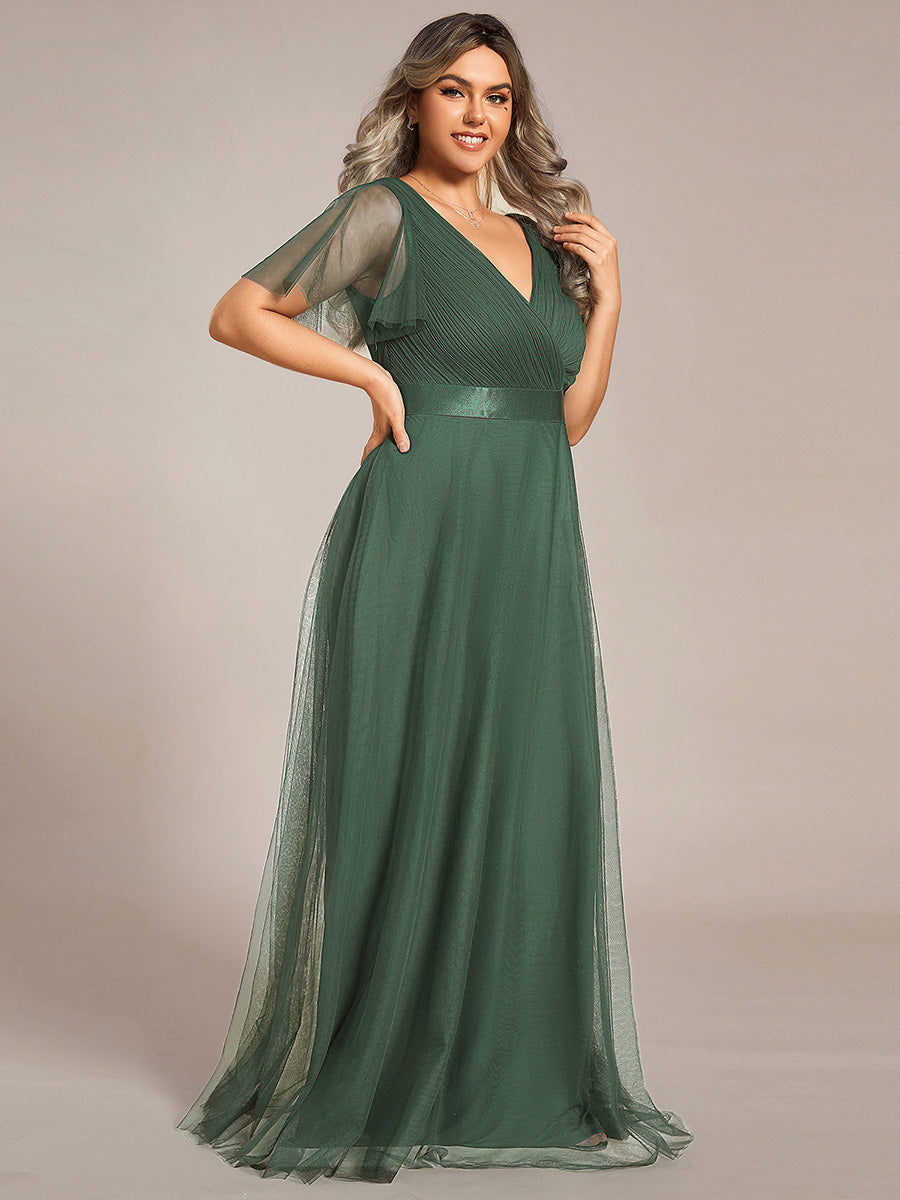 Robe Demoiselle D'Honneur Longue à Col V Et Manches Courtes Pour Femmes #Couleur_Eucalyptus