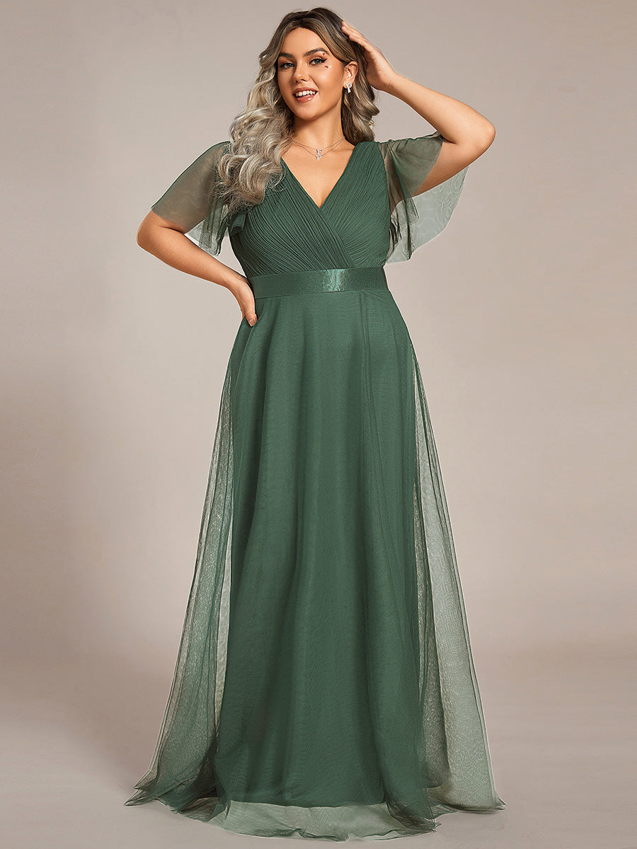 Robe Demoiselle D'Honneur Longue à Col V Et Manches Courtes Pour Femmes #Couleur_Eucalyptus
