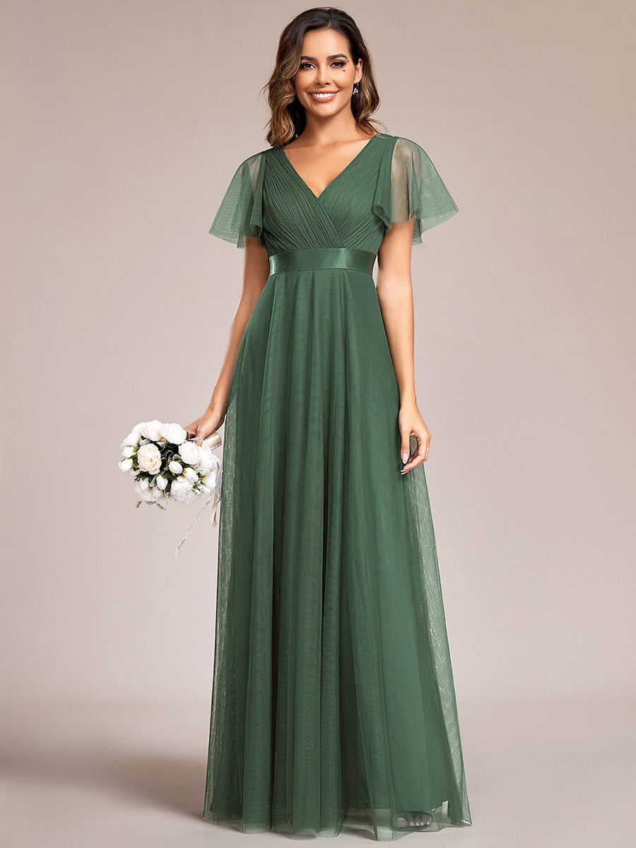 Robe Demoiselle D'Honneur Longue à Col V Et Manches Courtes Pour Femmes #Couleur_Eucalyptus