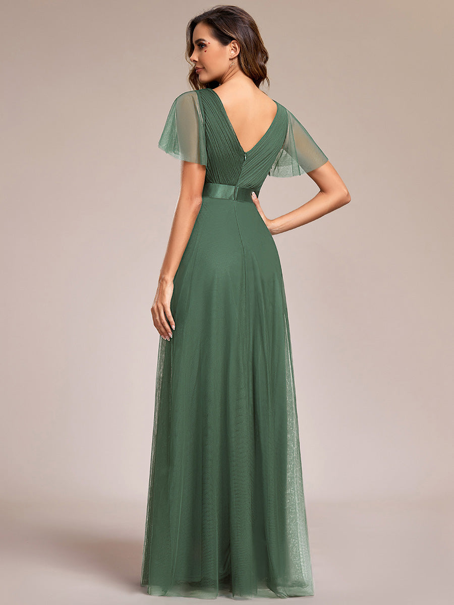 Robe Demoiselle D'Honneur Longue à Col V Et Manches Courtes Pour Femmes #Couleur_Eucalyptus