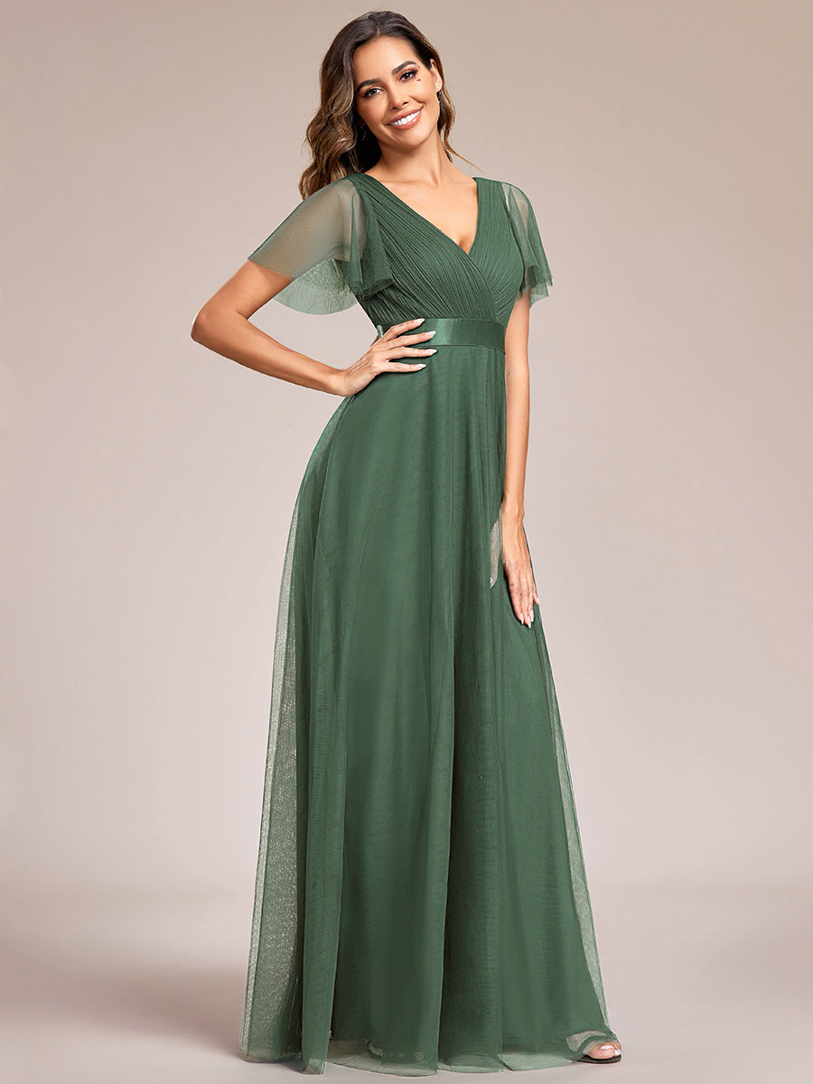 Robe Demoiselle D'Honneur Longue à Col V Et Manches Courtes Pour Femmes #Couleur_Eucalyptus