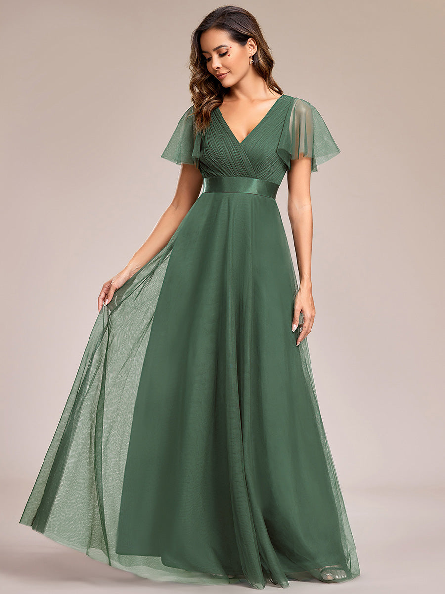 Robe Demoiselle D'Honneur Longue à Col V Et Manches Courtes Pour Femmes #Couleur_Eucalyptus