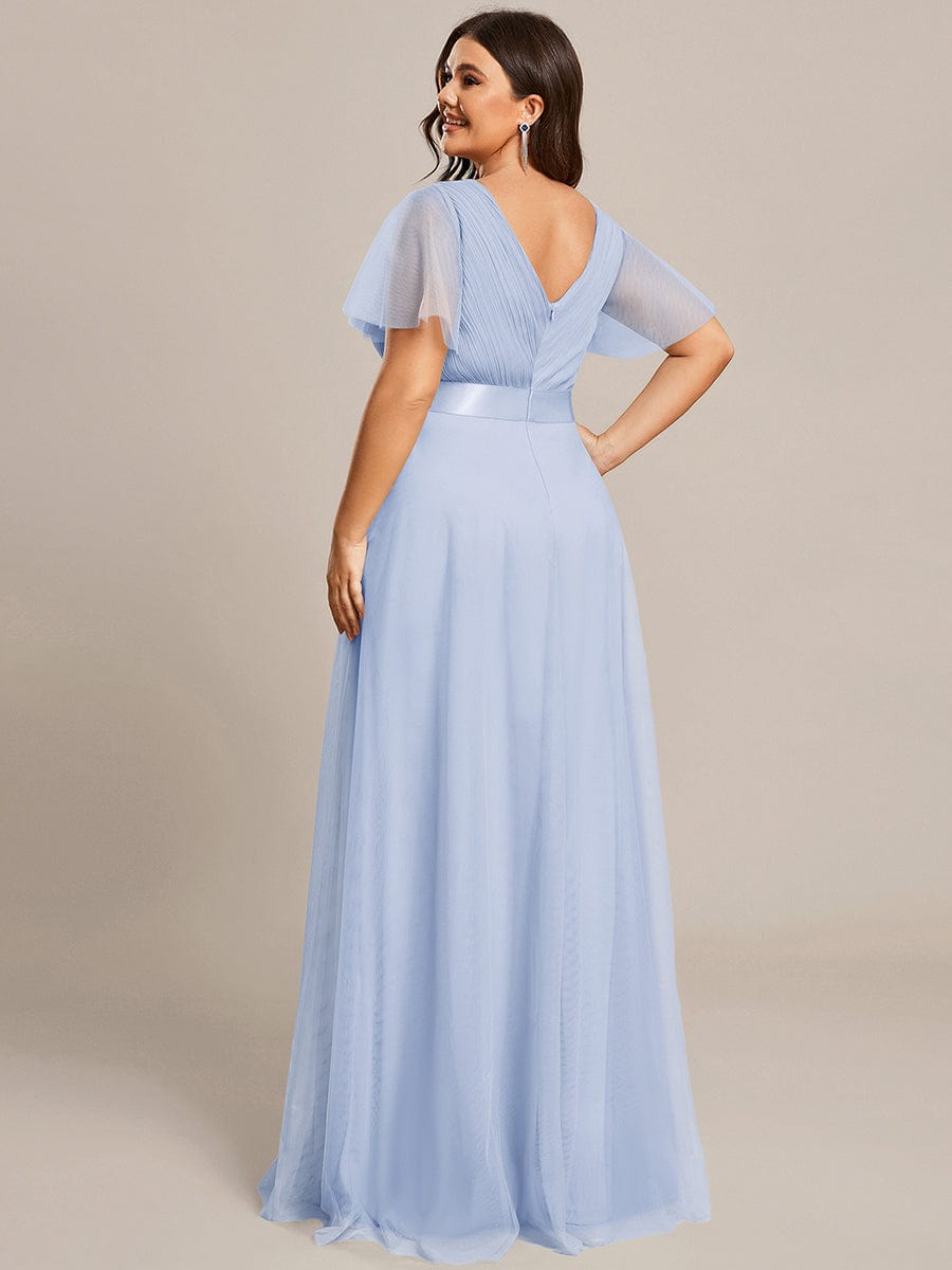 Robe D'invité De Mariage En Mousseline De Soie Mi-Longue Plissée à Manches à Volants Et Col En V  #Couleur_Bleu Glace