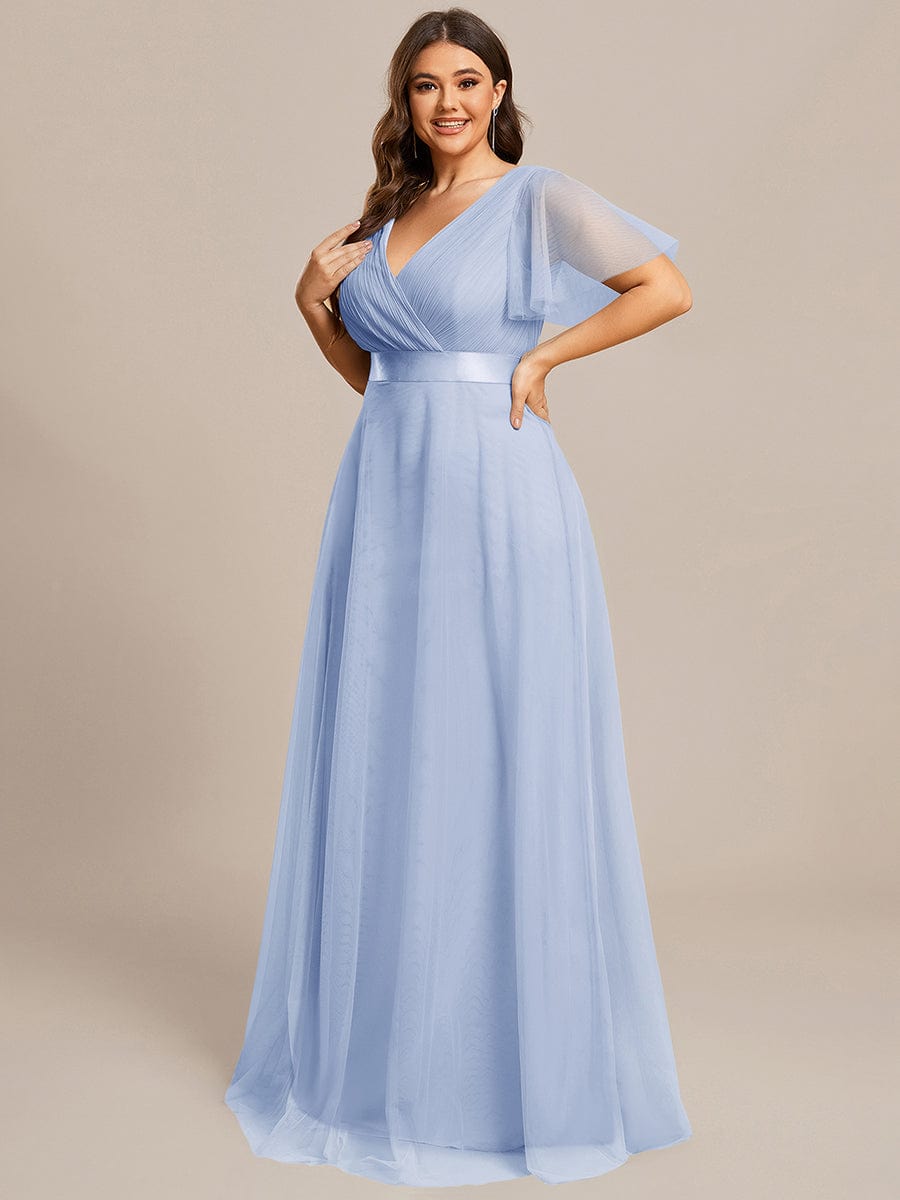 Robe D'invité De Mariage En Mousseline De Soie Mi-Longue Plissée à Manches à Volants Et Col En V  #Couleur_Bleu Glace