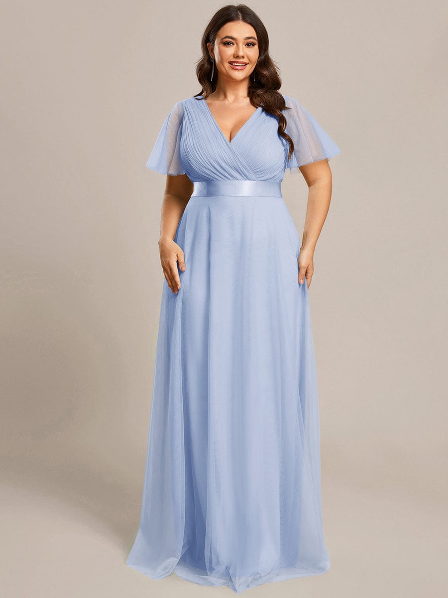 Robe D'invité De Mariage En Mousseline De Soie Mi-Longue Plissée à Manches à Volants Et Col En V  #Couleur_Bleu Glace