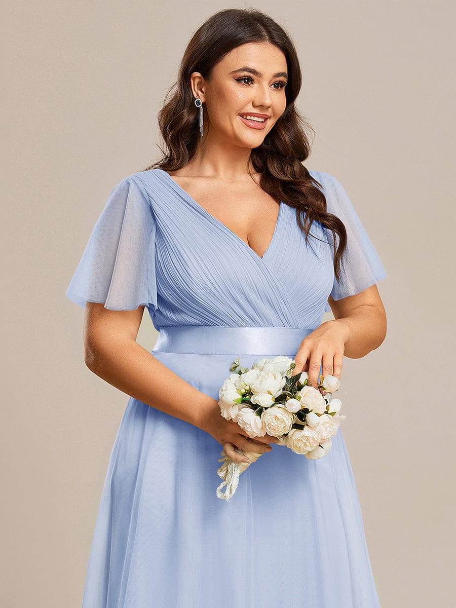 Robe D'invité De Mariage En Mousseline De Soie Mi-Longue Plissée à Manches à Volants Et Col En V  #Couleur_Bleu Glace