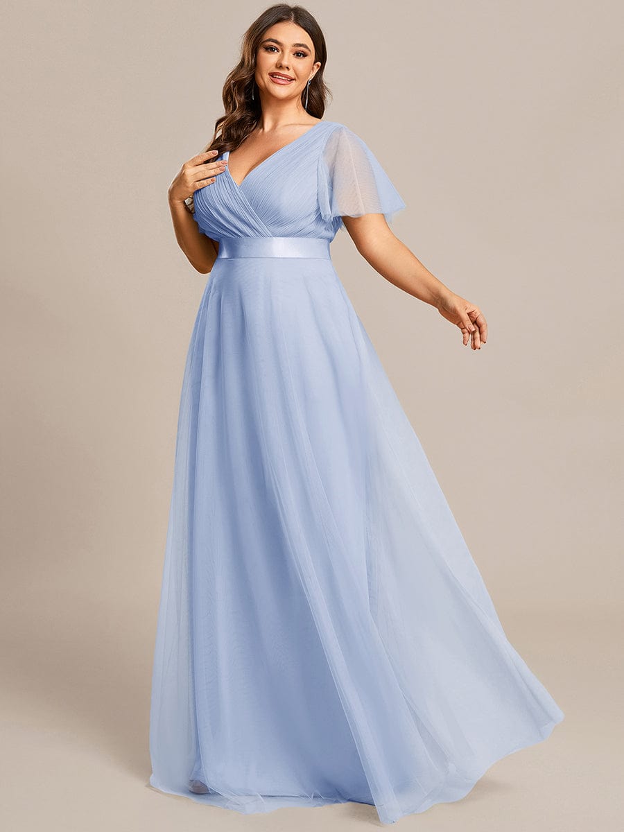 Robe D'invité De Mariage En Mousseline De Soie Mi-Longue Plissée à Manches à Volants Et Col En V  #Couleur_Bleu Glace