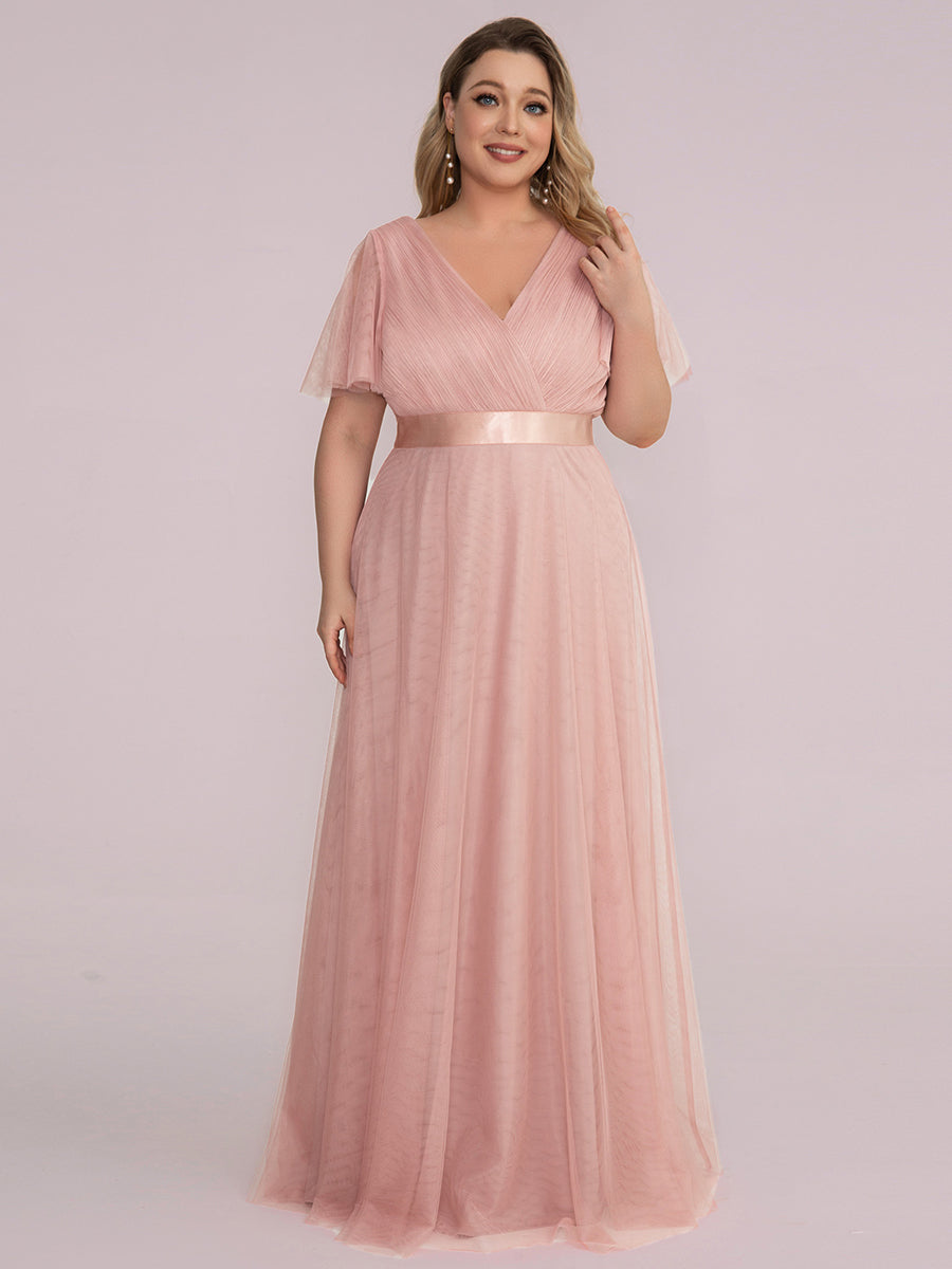 Robe Demoiselle D'Honneur Longue à Col V Et Manches Courtes Pour Femmes #Couleur_Rose