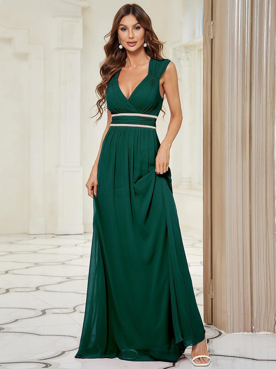 Robe longue de demoiselle d'honneur froncée à col en V #Couleur_Vert Fonce