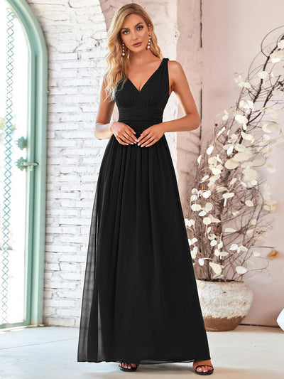 ever HUSH|Robe de demoiselle d'honneur longue en mousseline à col en V et coupe trapèze