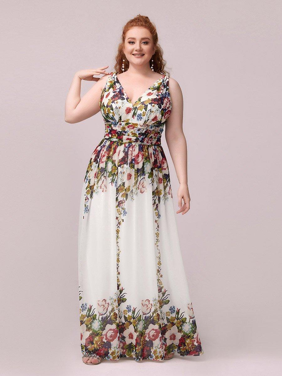 Robe de demoiselle d'honneur en mousseline de soie à col en V grande taille #Couleur_Creme Imprime