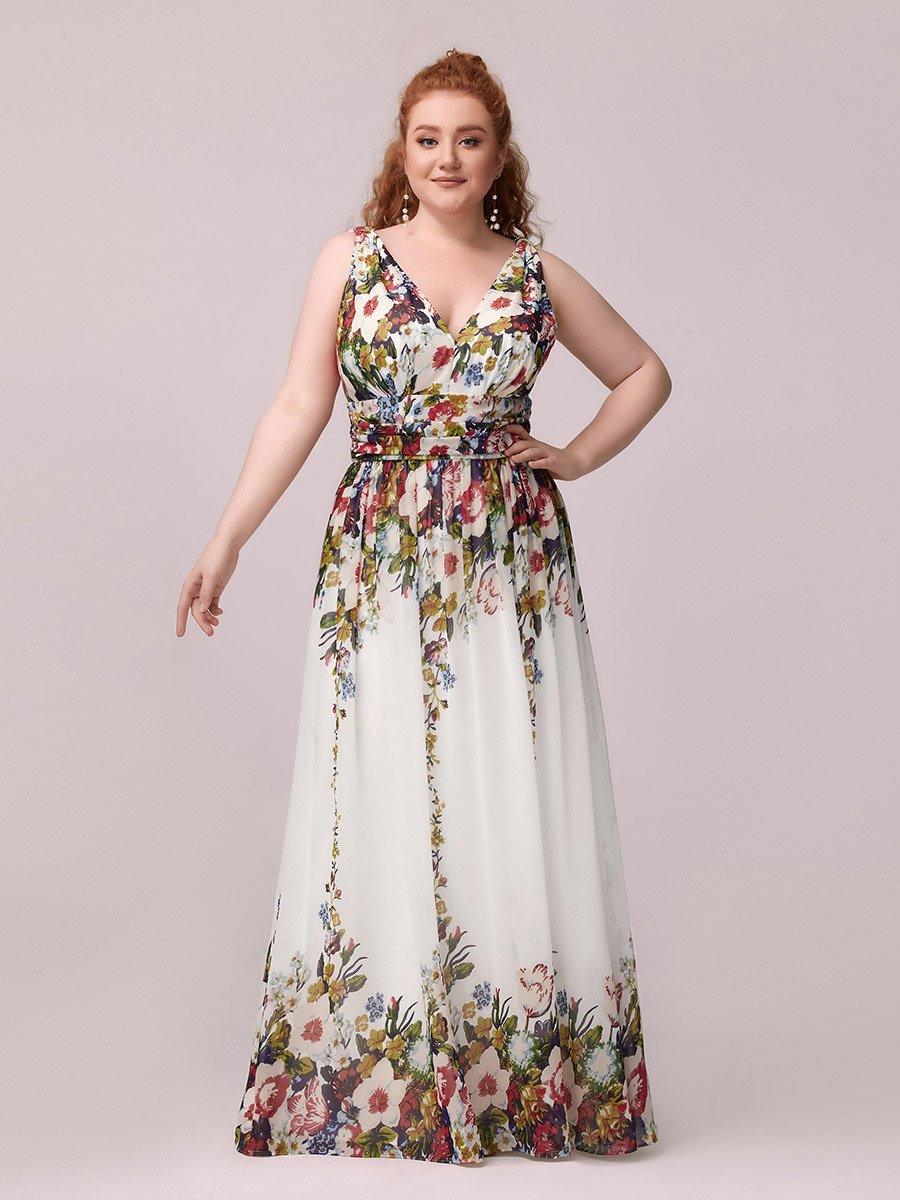Robe de demoiselle d'honneur en mousseline de soie à col en V grande taille #Couleur_Creme Imprime