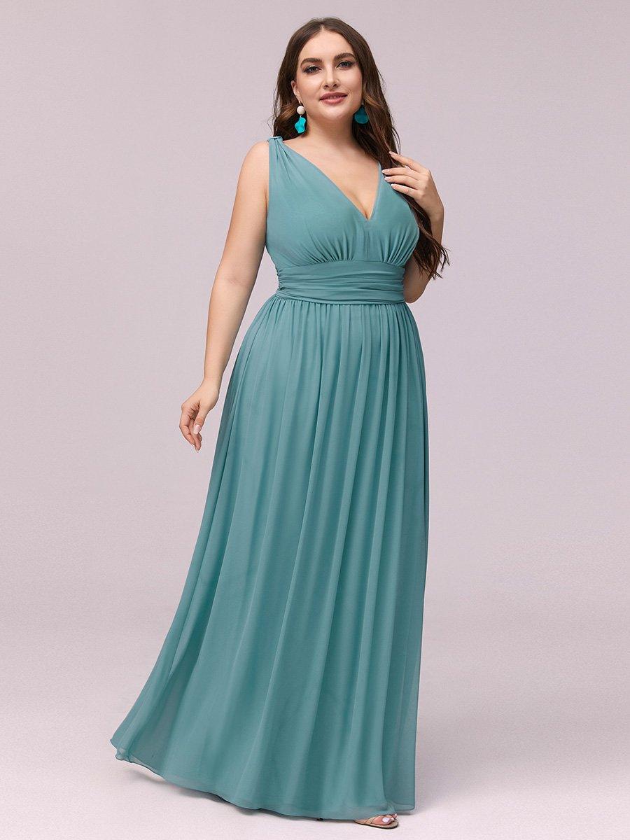 Robe de demoiselle d'honneur en mousseline de soie à col en V grande taille #Couleur_Bleu Fume