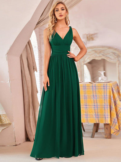 ever HUSH|Robe de demoiselle d'honneur longue en mousseline à col en V et coupe trapèze