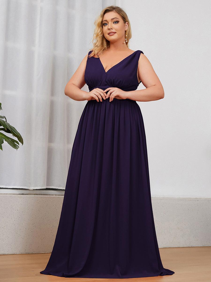Robe de demoiselle d'honneur en mousseline de soie à col en V grande taille #Couleur_Violet Fonce
