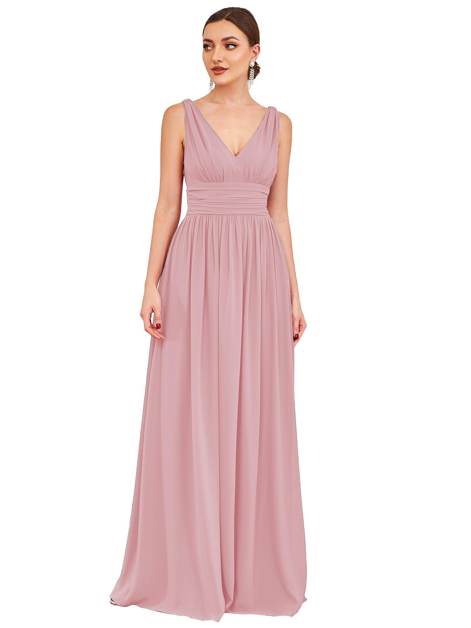 Taille personnalisée Robe de soirée sans manches plissé chiffon #Couleur_Rose fumee