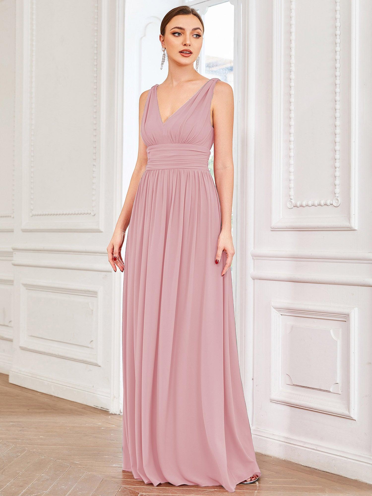 Taille personnalisée Robe de soirée sans manches plissé chiffon #Couleur_Rose fumee
