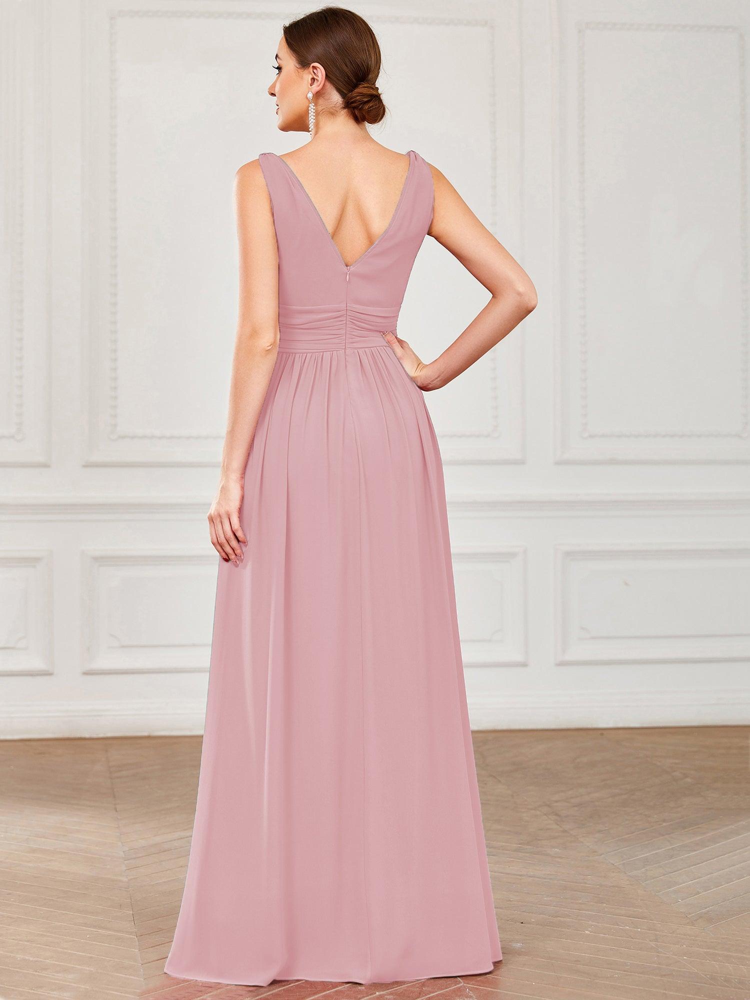 Taille personnalisée Robe de soirée sans manches plissé chiffon #Couleur_Rose fumee