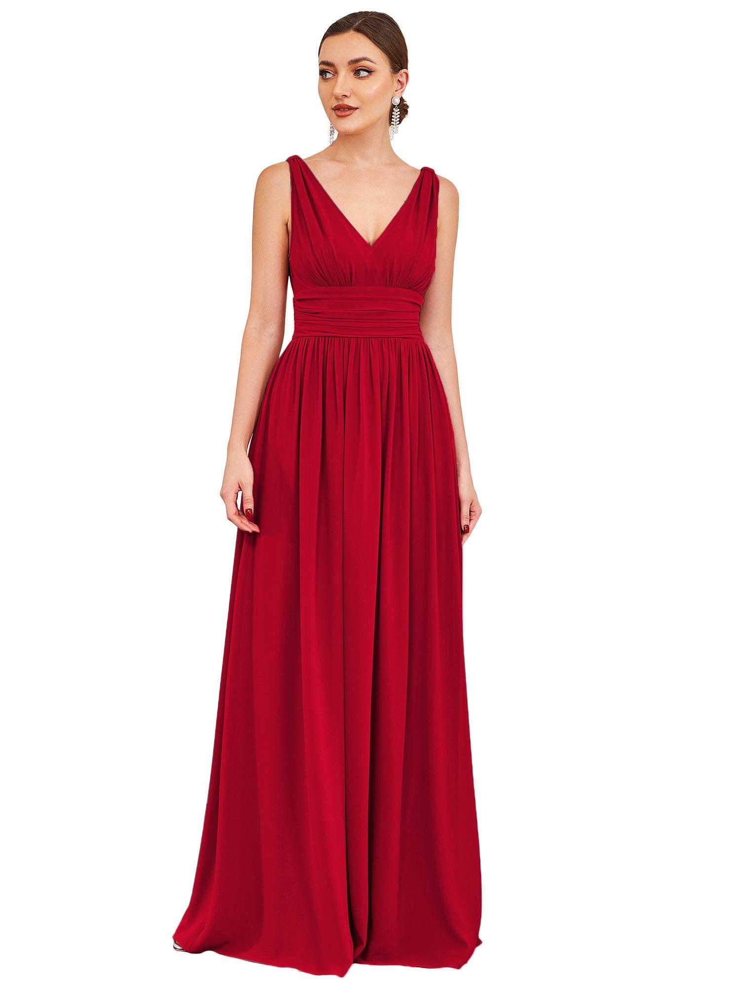 Taille personnalisée Robe de soirée sans manches plissé chiffon #Couleur_Rouge