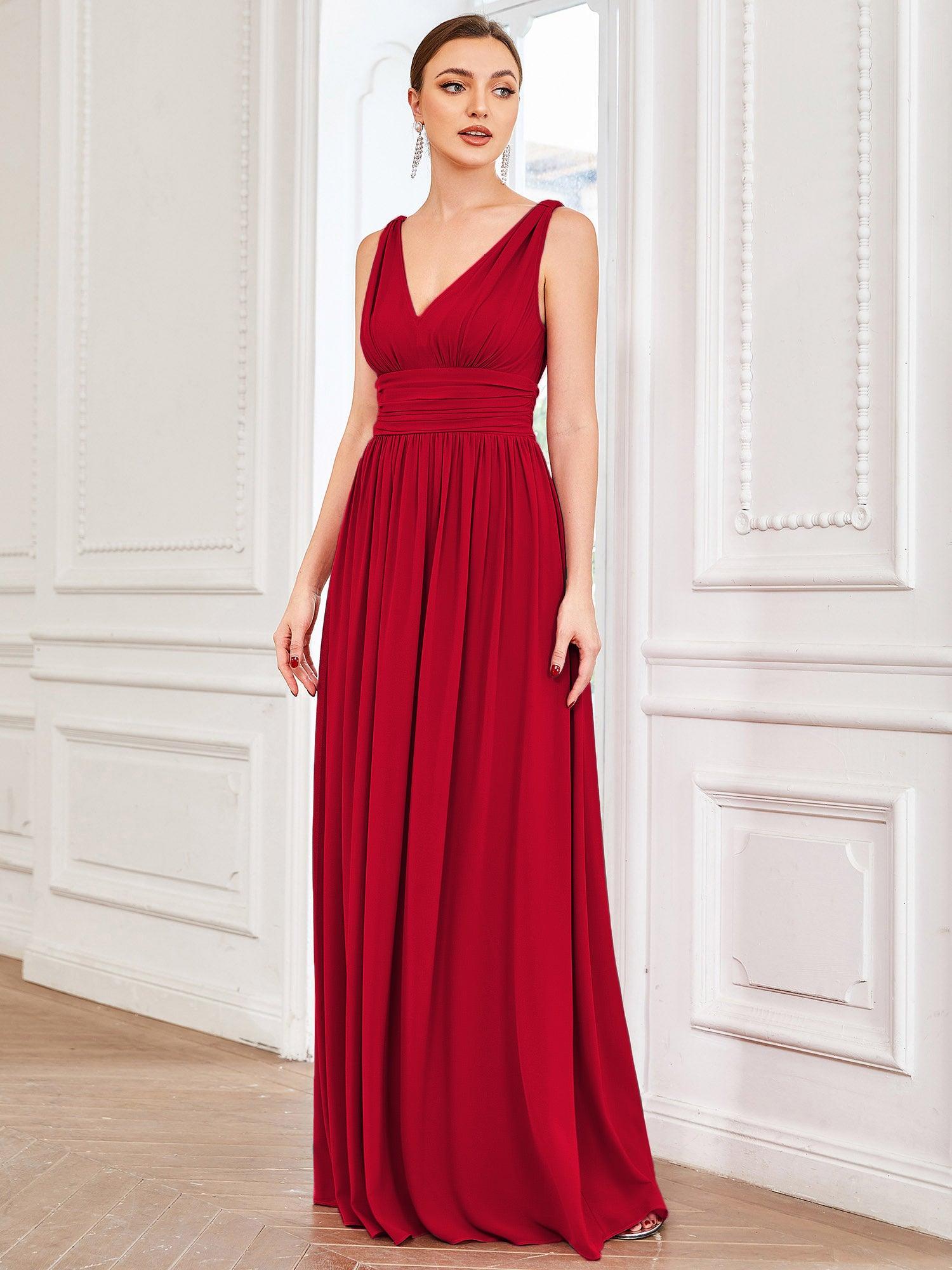Taille personnalisée Robe de soirée sans manches plissé chiffon #Couleur_Rouge