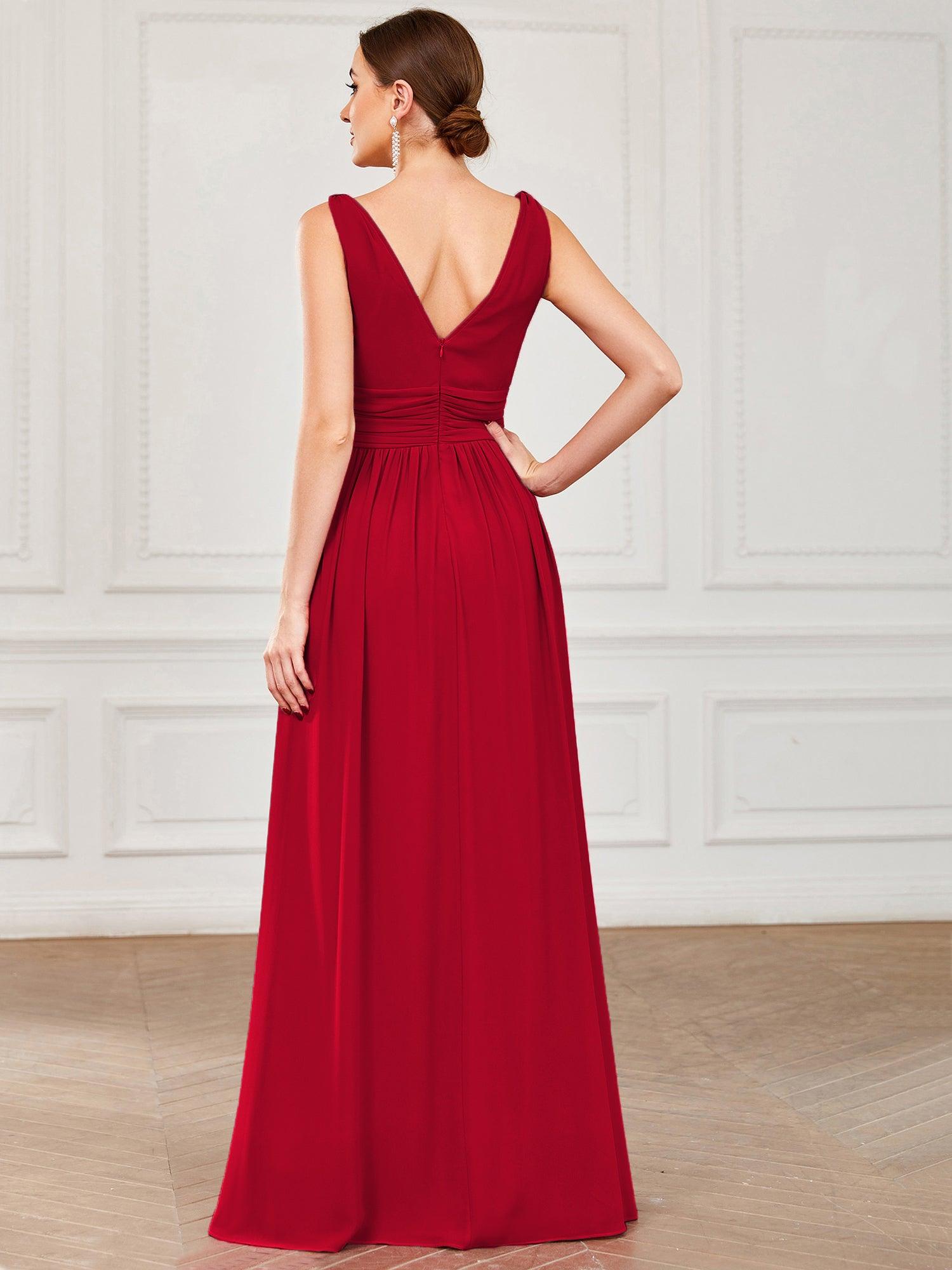 Taille personnalisée Robe de soirée sans manches plissé chiffon #Couleur_Rouge