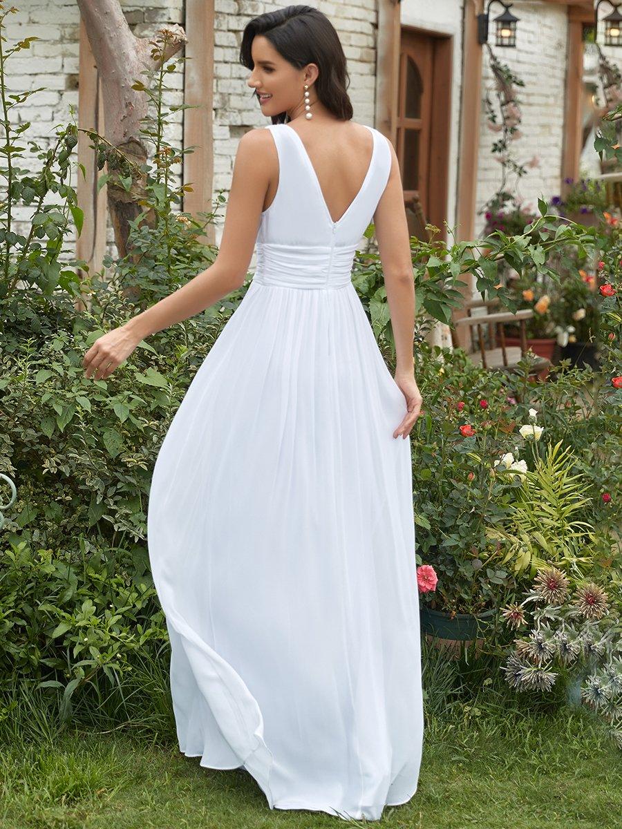 Robe de demoiselle d'honneur en mousseline à col en V #Couleur_Blanc