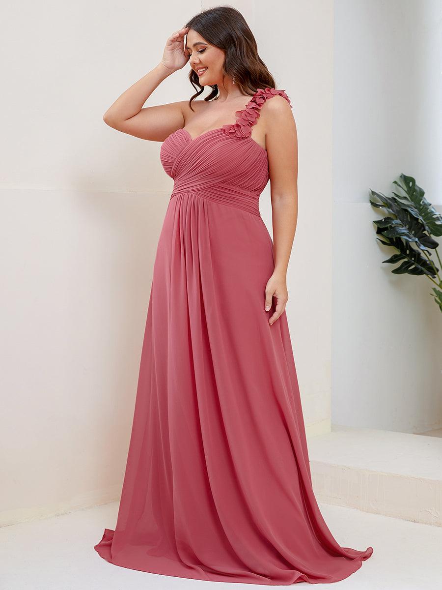 Robe de demoiselle d'honneur longue à une épaule et coupe trapèze #Couleur_Rose corail