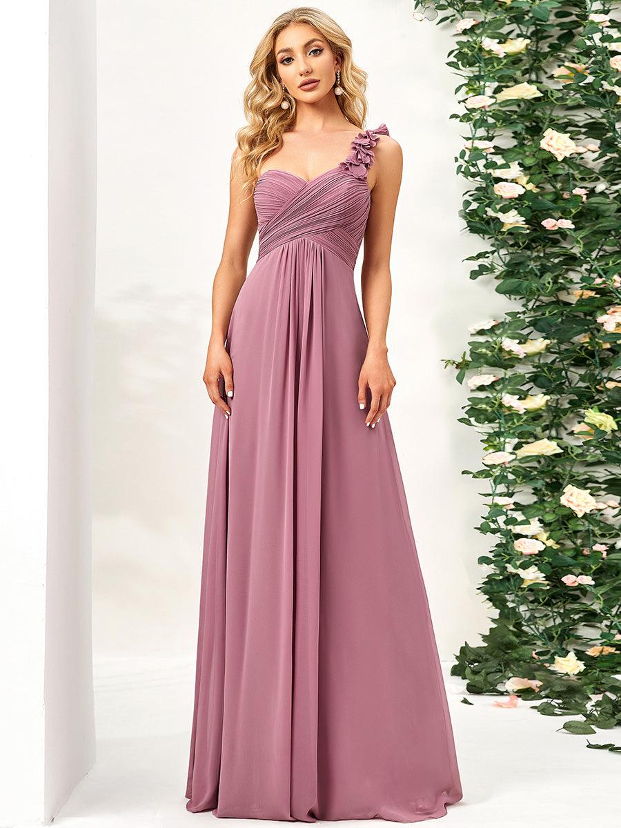 Robe de demoiselle d'honneur longue à une épaule et coupe trapèze #Couleur_Orchidee