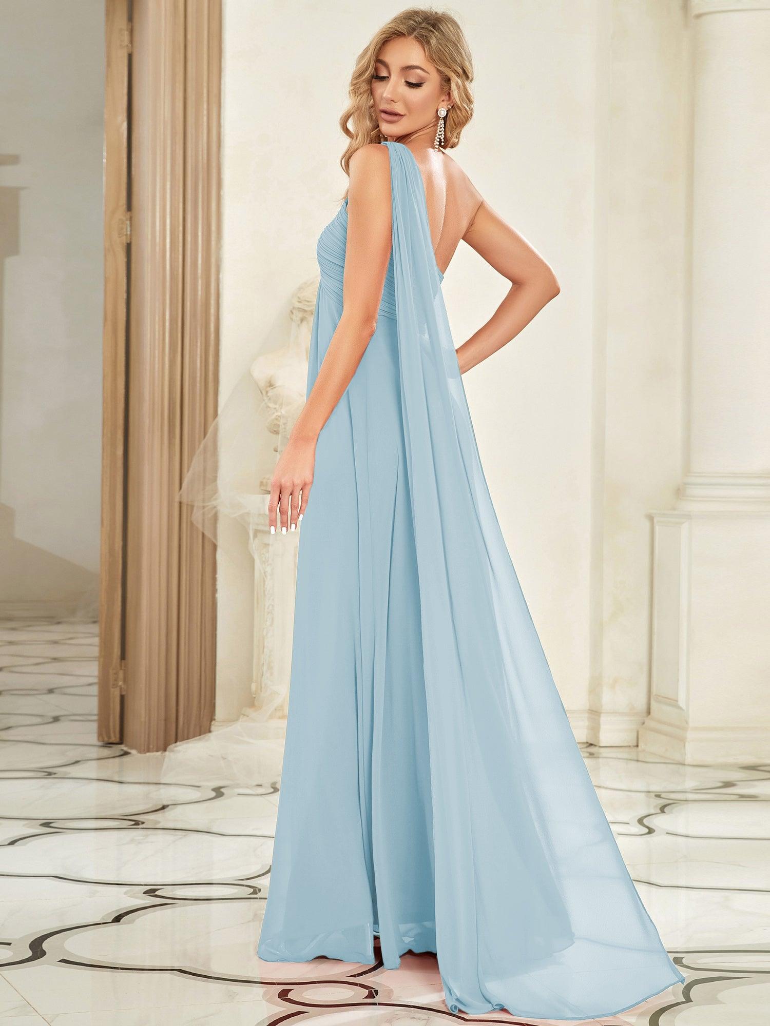 Taille personnalisée Robes de Soirée élégante Chiffon avec Une épaule pour Femmes #Couleur_Bleu Ciel