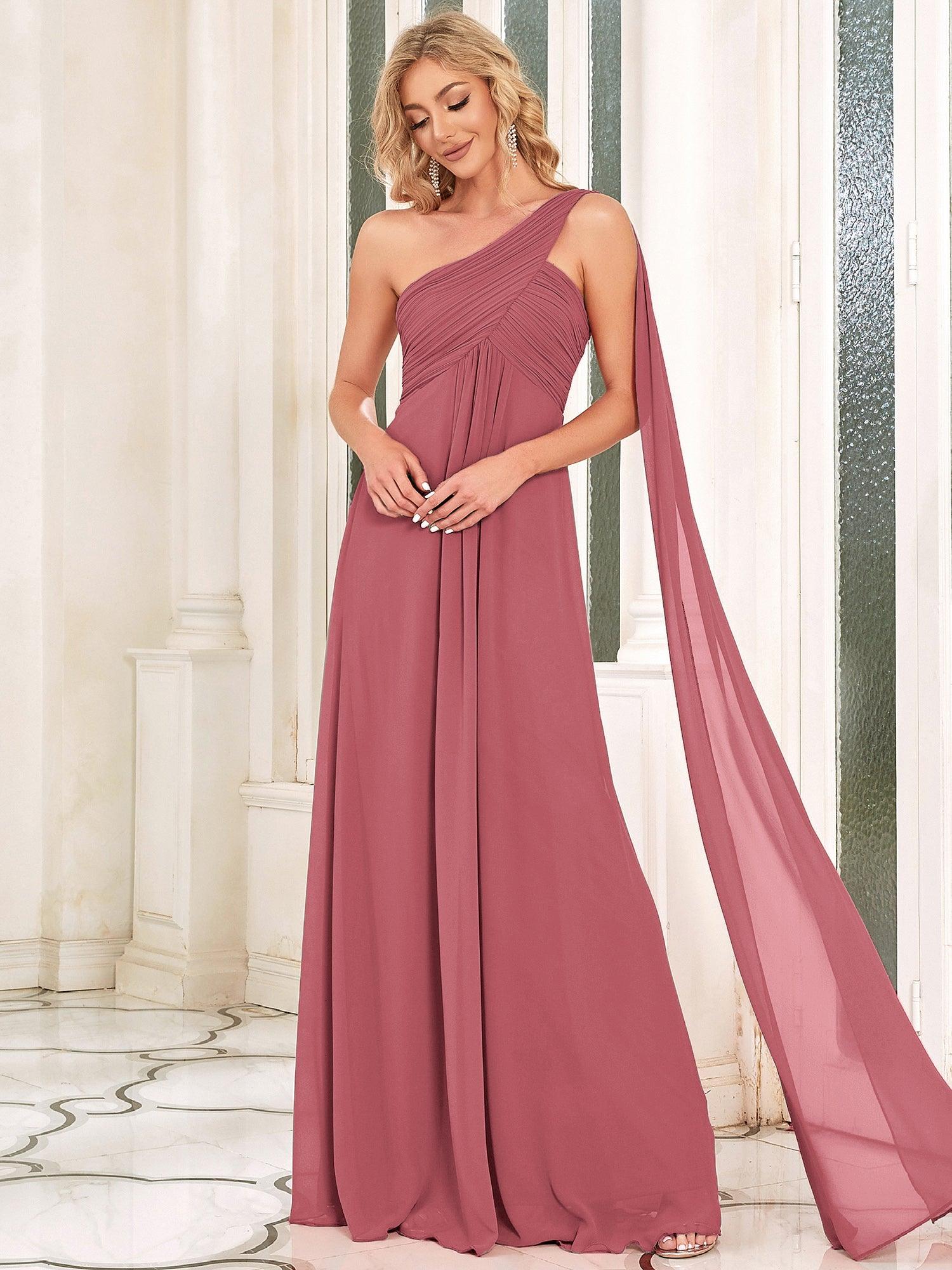 Taille personnalisée Robes de Soirée élégante Chiffon avec Une épaule pour Femmes #Couleur_Rose corail