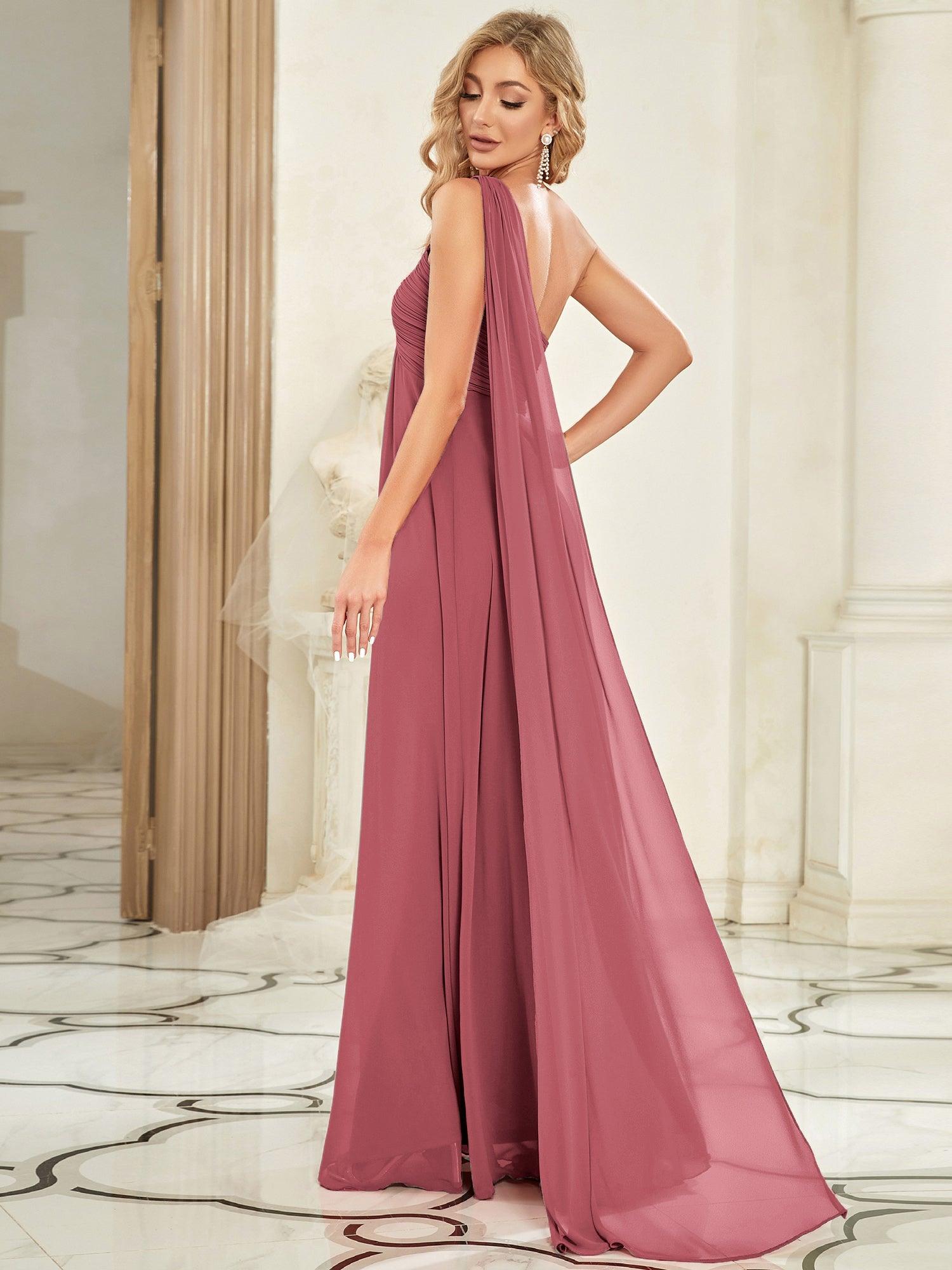 Taille personnalisée Robes de Soirée élégante Chiffon avec Une épaule pour Femmes #Couleur_Rose corail
