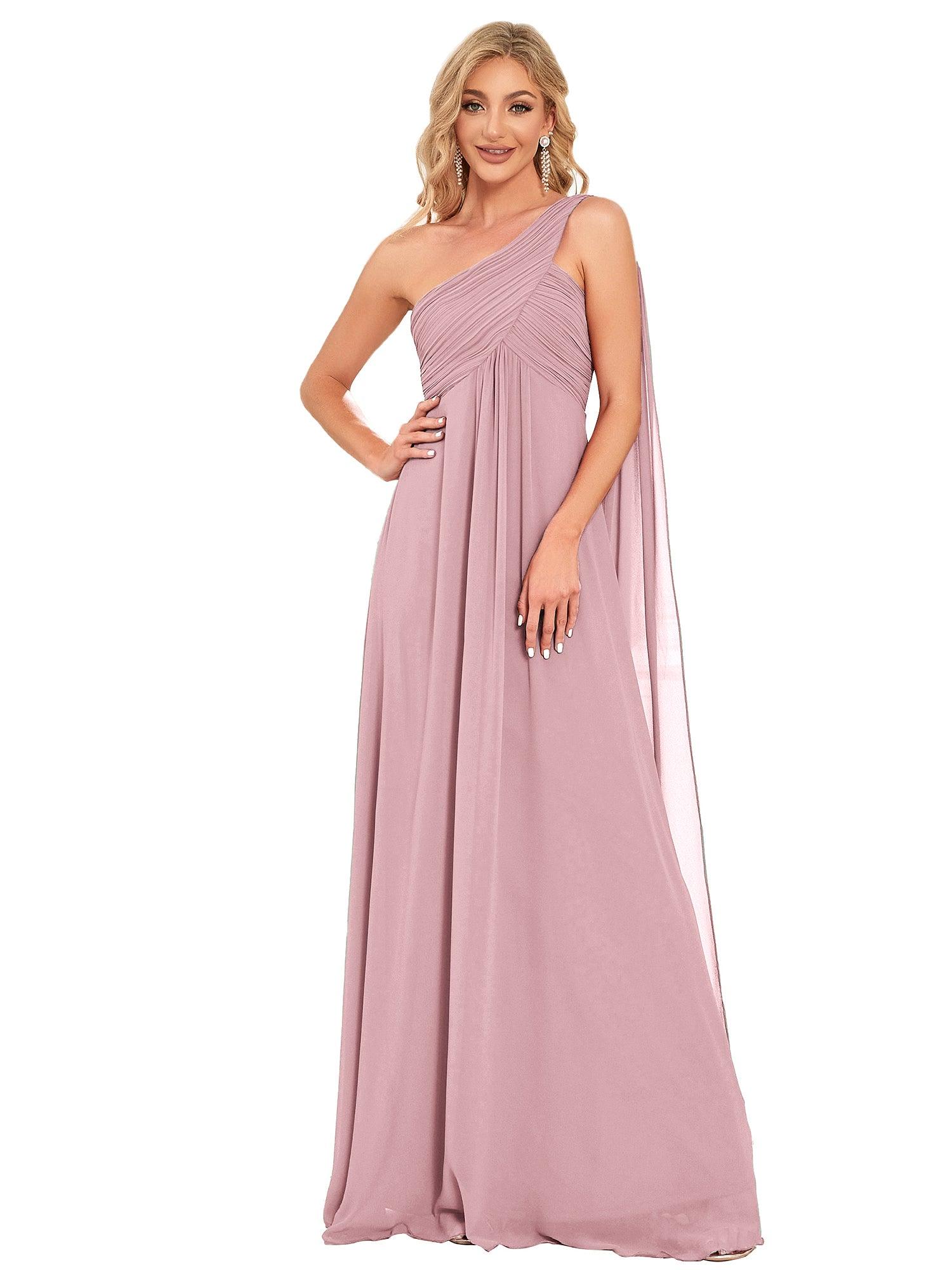 Taille personnalisée Robes de Soirée élégante Chiffon avec Une épaule pour Femmes #Couleur_Rose fumee