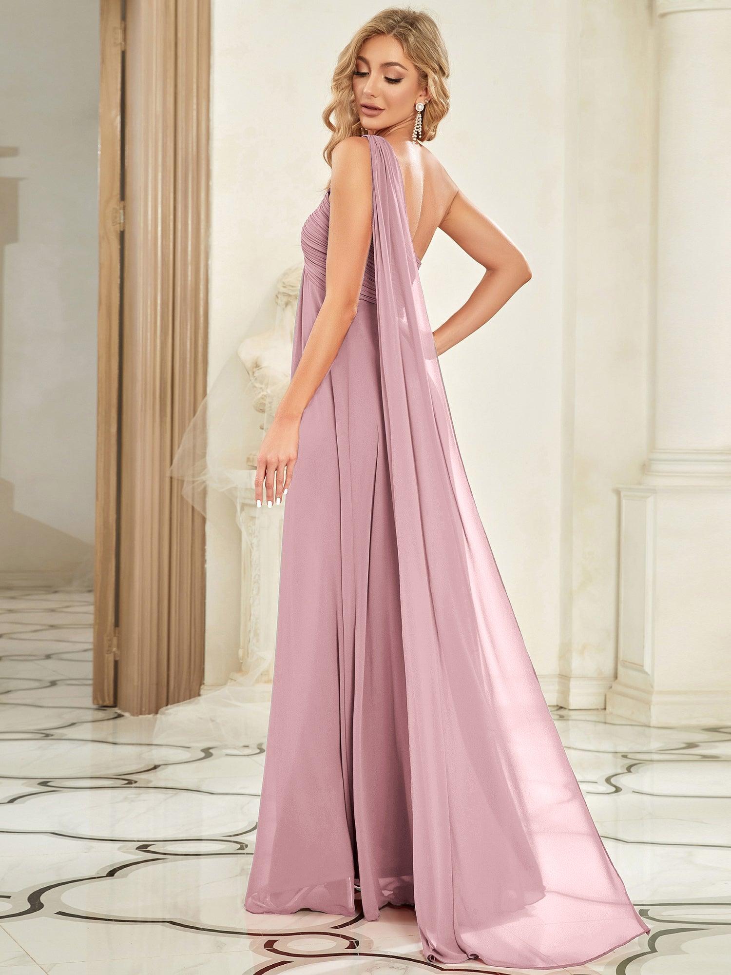Taille personnalisée Robes de Soirée élégante Chiffon avec Une épaule pour Femmes #Couleur_Rose fumee