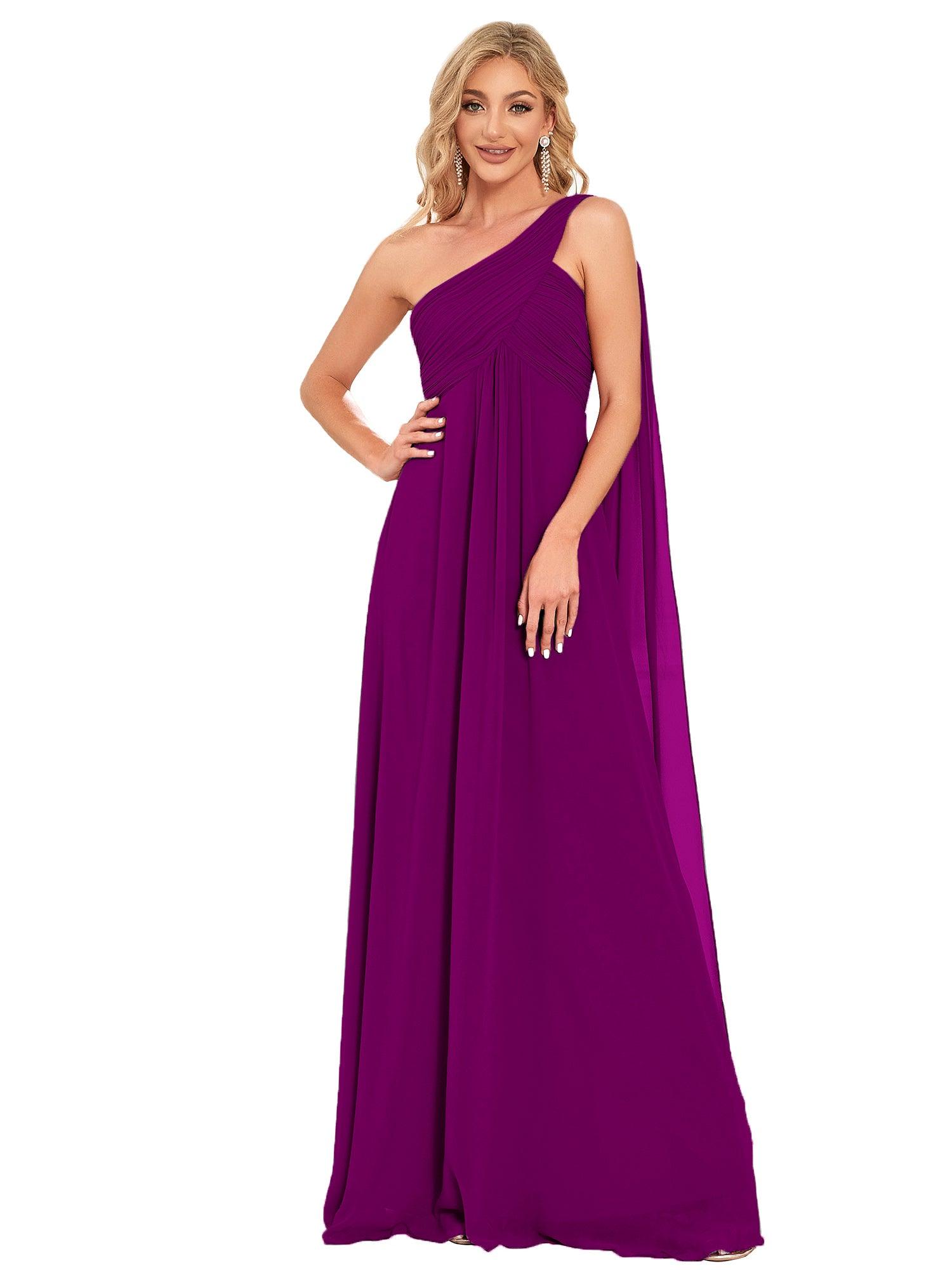 Taille personnalisée Robes de Soirée élégante Chiffon avec Une épaule pour Femmes #Couleur_Fuchsia