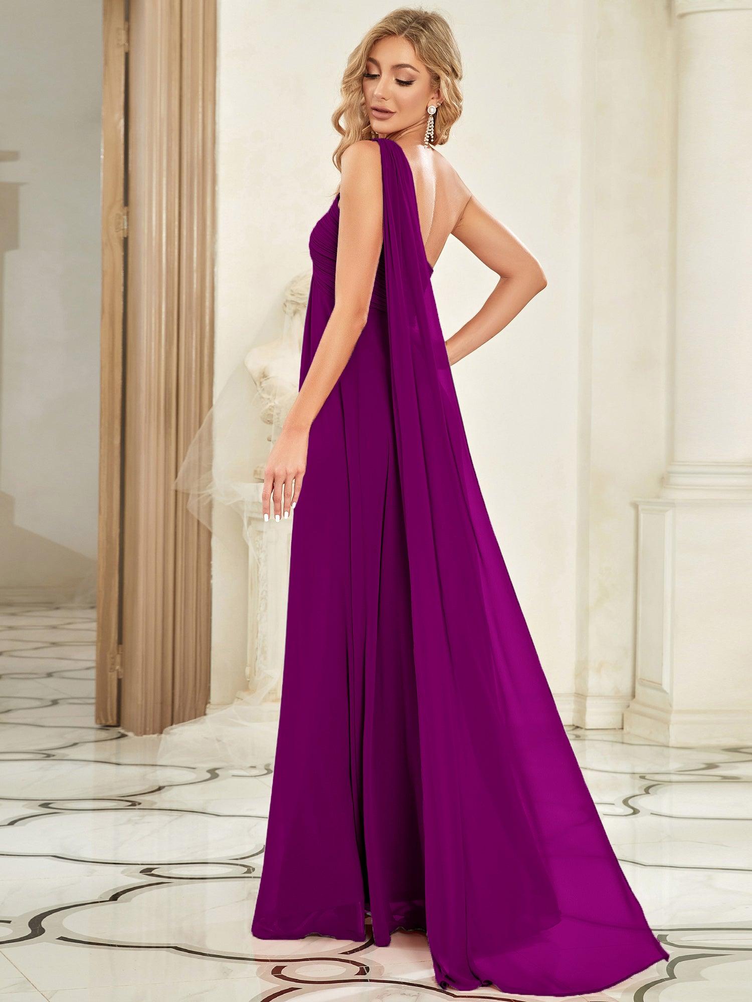 Taille personnalisée Robes de Soirée élégante Chiffon avec Une épaule pour Femmes #Couleur_Fuchsia