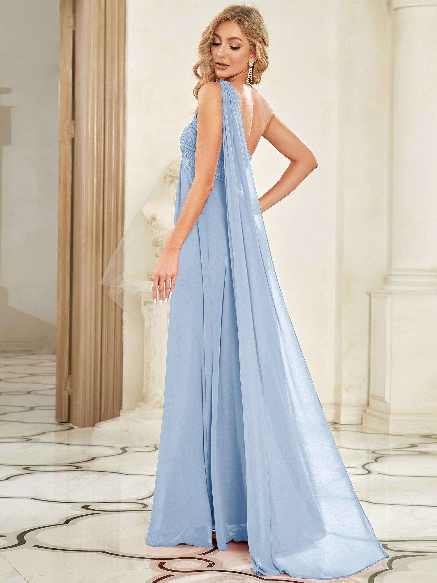 Taille personnalisée Robes de Soirée élégante Chiffon avec Une épaule pour Femmes #Couleur_Bleu Glace