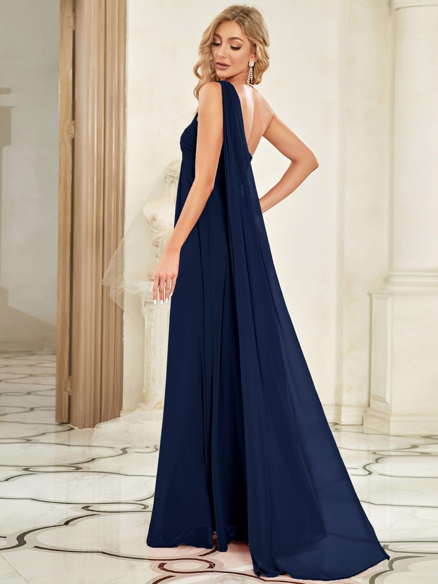 Taille personnalisée Robes de Soirée élégante Chiffon avec Une épaule pour Femmes #Couleur_Bleu Marine
