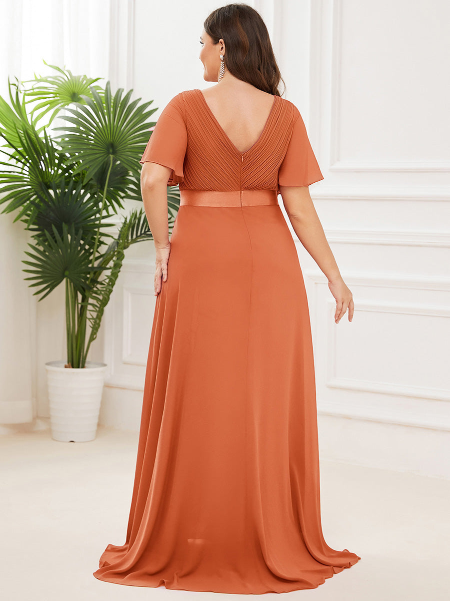 Robe de Soirée élégante en mousseline à taille haute et manches courtes #Couleur_Melon Ambré