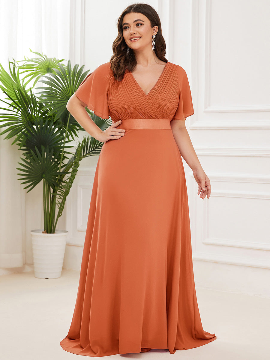 Robe de Soirée élégante en mousseline à taille haute et manches courtes #Couleur_Melon Ambré
