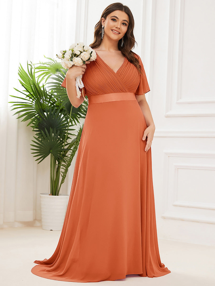 Robe de Soirée élégante en mousseline à taille haute et manches courtes #Couleur_Melon Ambré