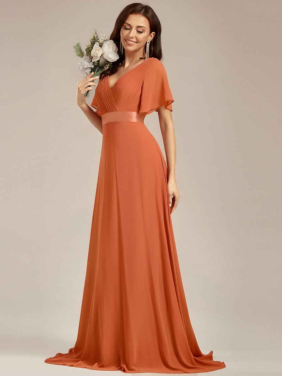 Robe mariage invitée fluide élégante en mousseline à taille haute #Couleur_Melon Ambré