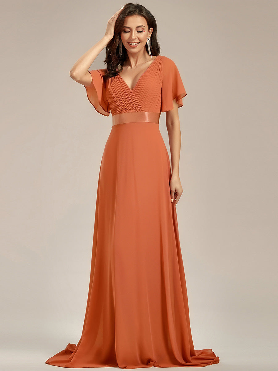 Robe de Soirée élégante en mousseline à taille haute et manches courtes #Couleur_Melon Ambré