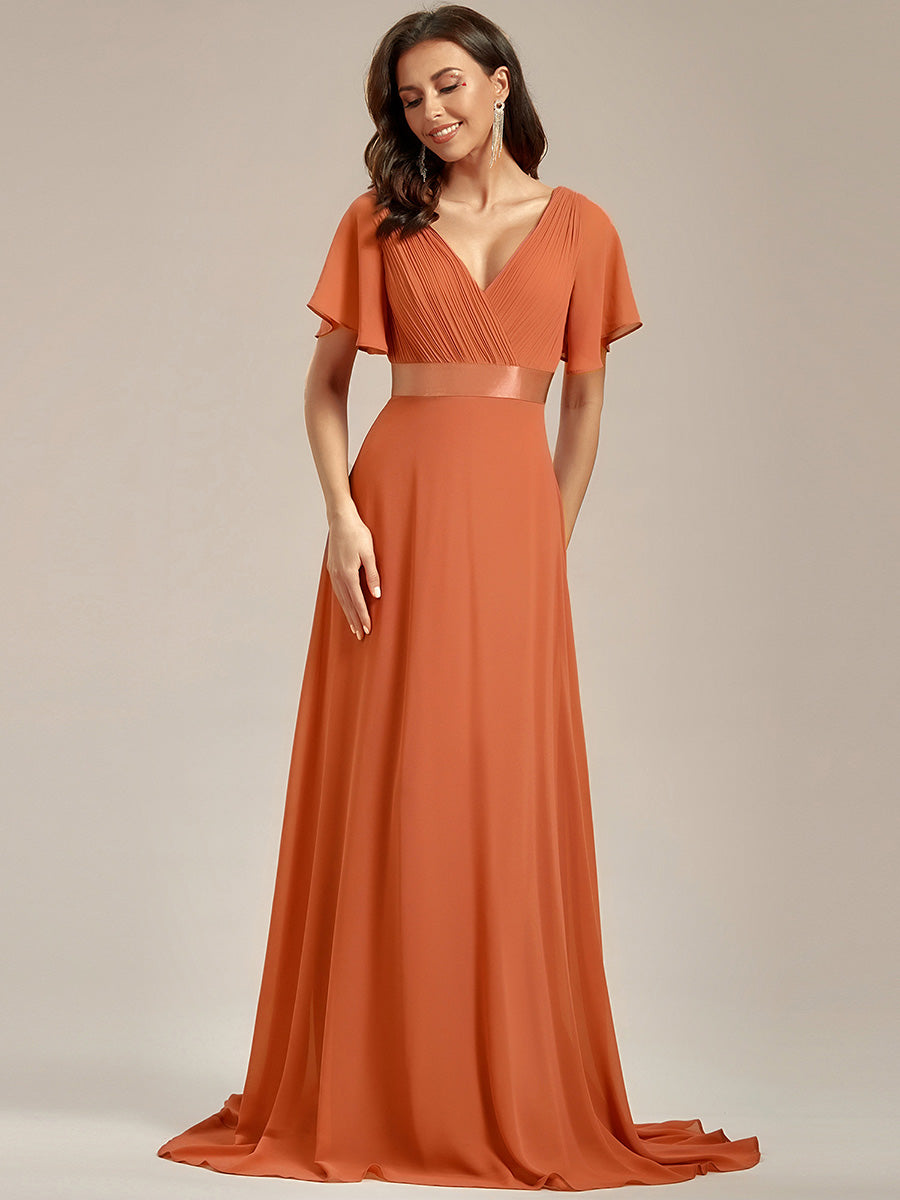 Robe de Soirée élégante en mousseline à taille haute et manches courtes #Couleur_Melon Ambré