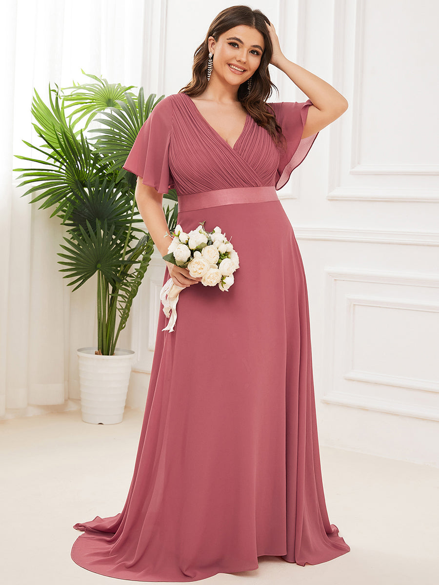 Robe de Soirée élégante en mousseline à taille haute et manches courtes #Couleur_Rose corail