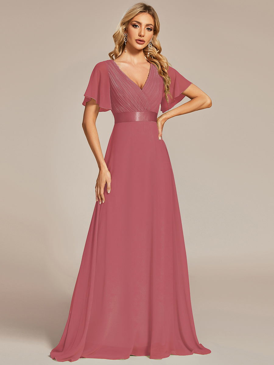 Robe de Soirée élégante en mousseline à taille haute et manches courtes #Couleur_Rose corail